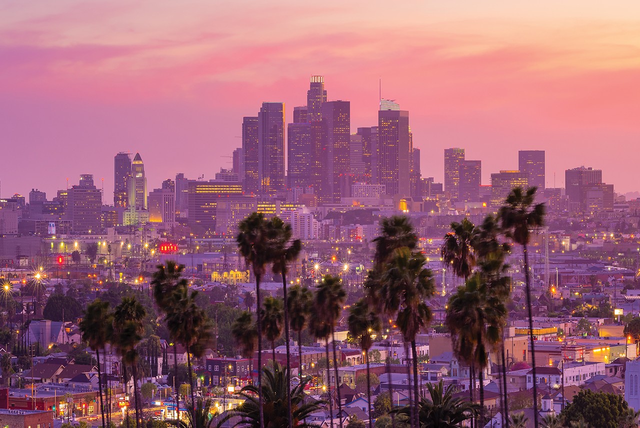 Amazing sunset view with palm tree and downtown Los Angeles. California, USA